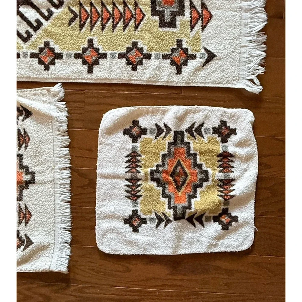 Vintage Cannon Orange Tribal Aztec Southwest 3 Pc Hand Bath Wash Towel Set